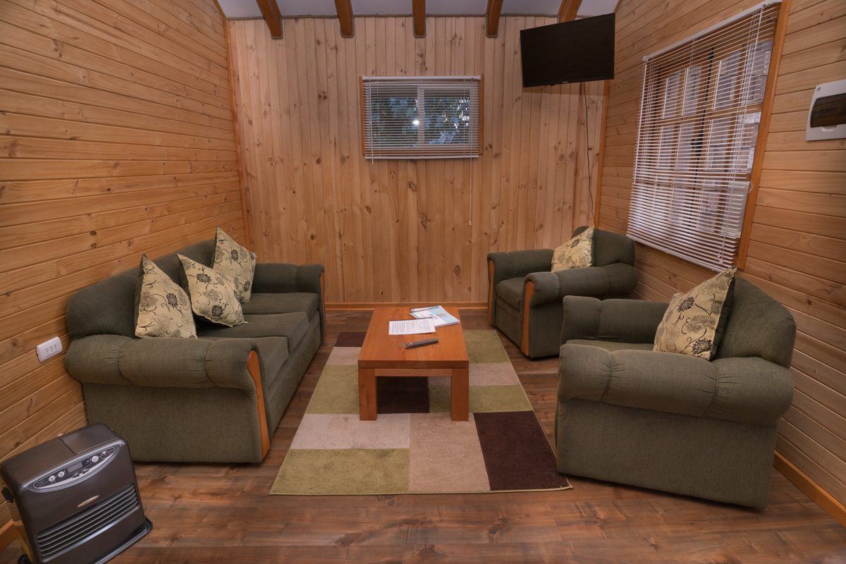 Sala de estar da cabana com poltronas, mesa de centro e televisão, revestida em madeira