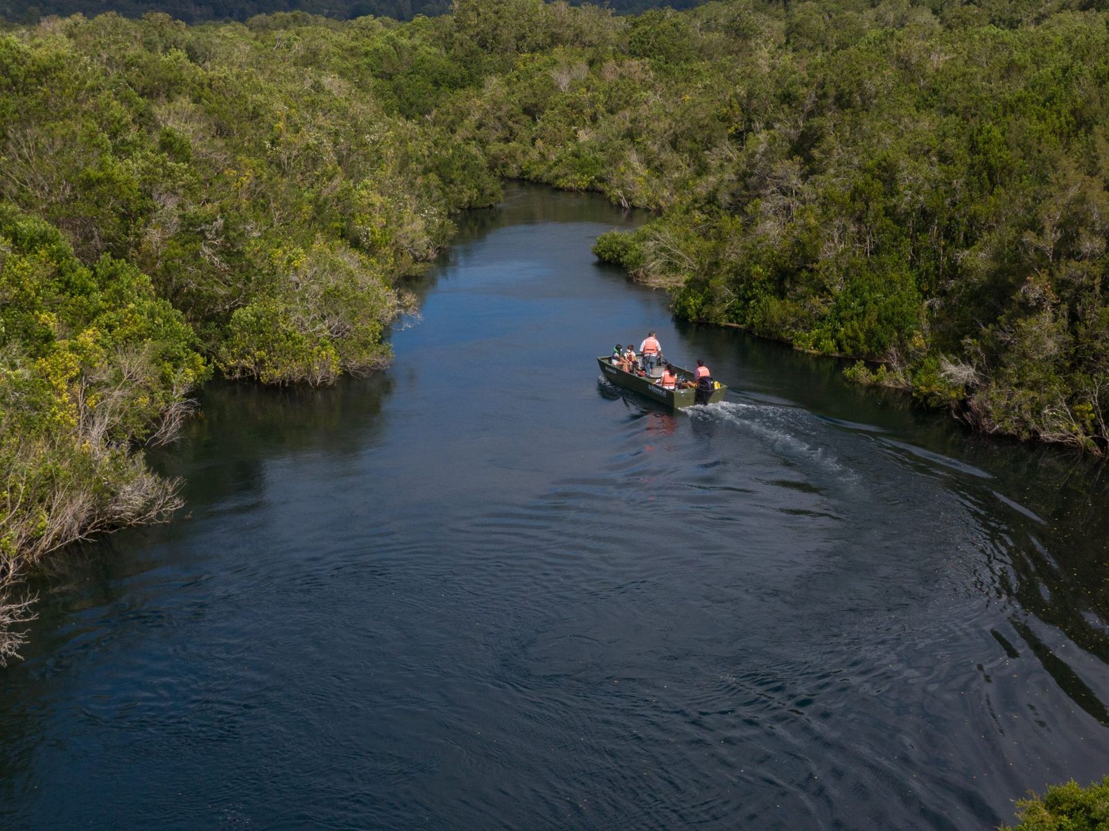 Vista aérea do barco Río Maullín subindo o rio em meio à floresta nativa