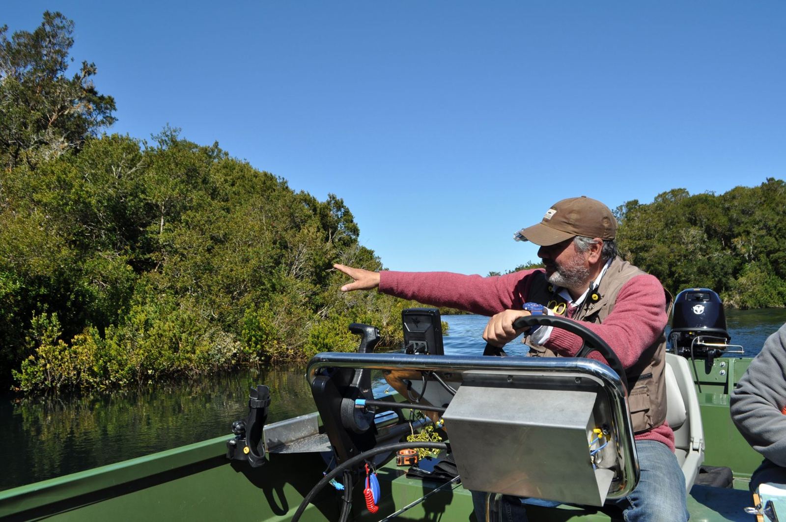 O guia mostra a floresta nativa da margem durante um passeio